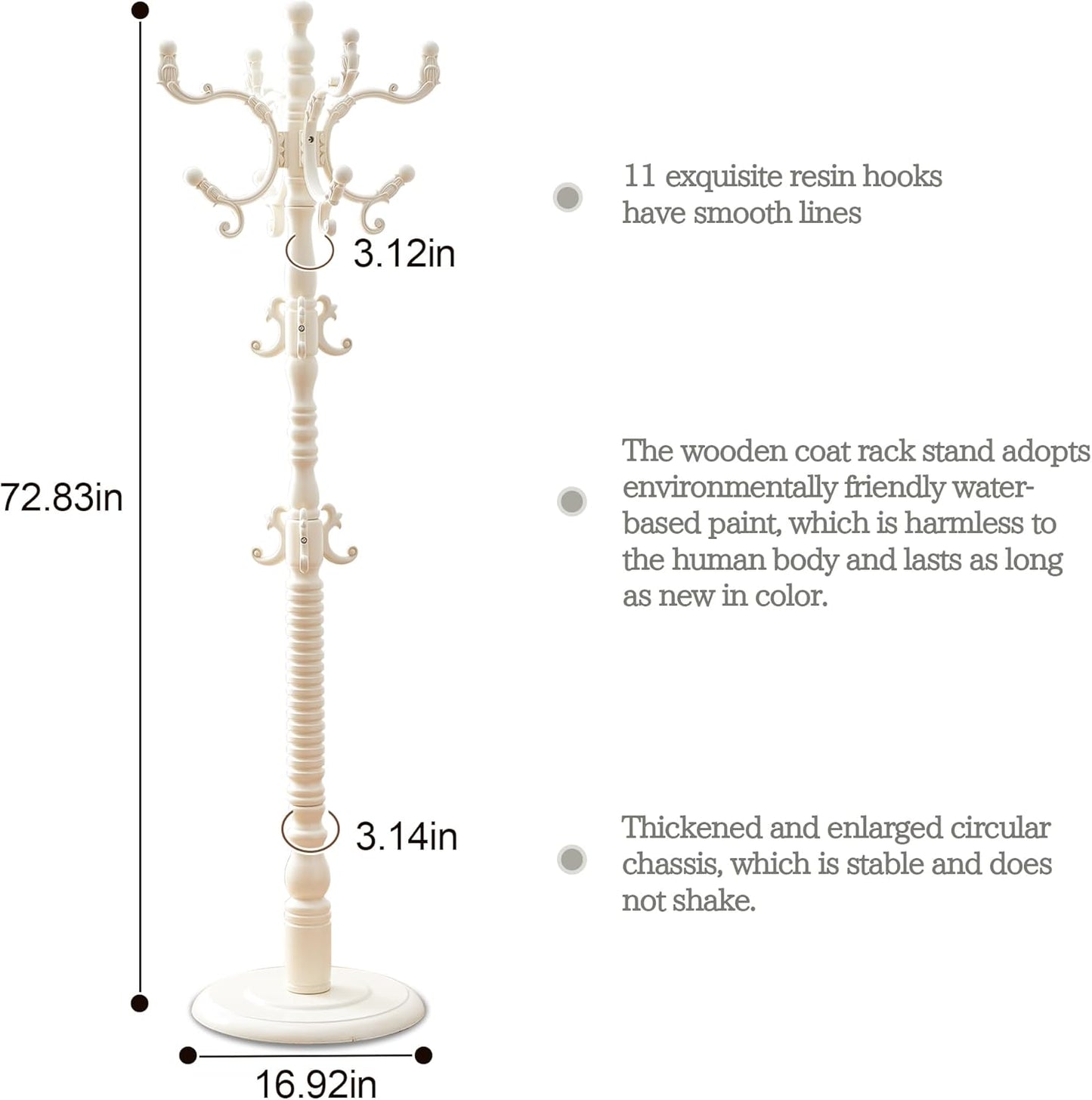 Wooden Coat Rack Free standing 18 Hooks, Vintage Coat Rack Stand for Entryway, Adjustable Height 73", Heavy Duty Coat Tree with Solid Round Base for Home Bedroom, Office (White style)