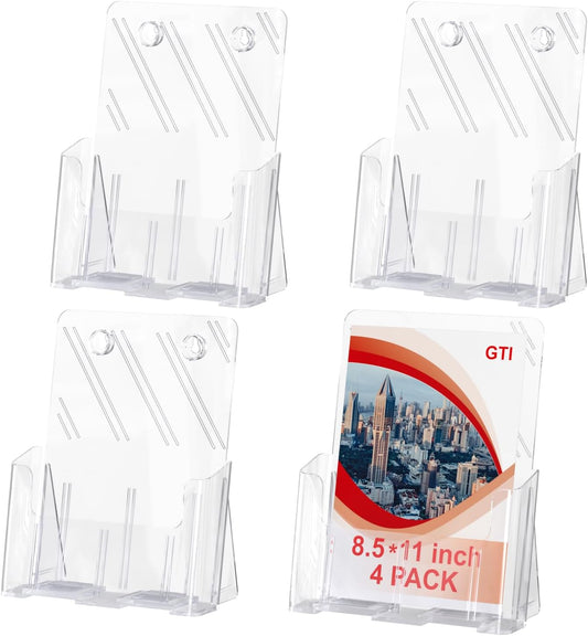 GTI Acrylic Brochure Holder 8.5 x 11 inch, 4 Packs Brochure Display Stand for 4’’ Trifold Pages, Clear Flyer Display Holder for Magazine, Pamphlet, Booklets, Menu,Journals