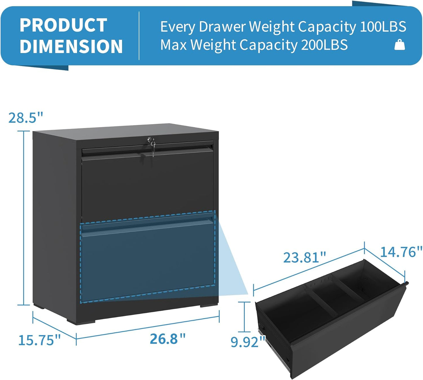 2 Drawer Lateral File Cabinet with Lock, 26.8" Wide Metal Filing Cabinets for Home Office, Steel Storage File Cabinet for Letter/Legal/F4/A4 Size with Hanging Bars, Assembly Required(Black)