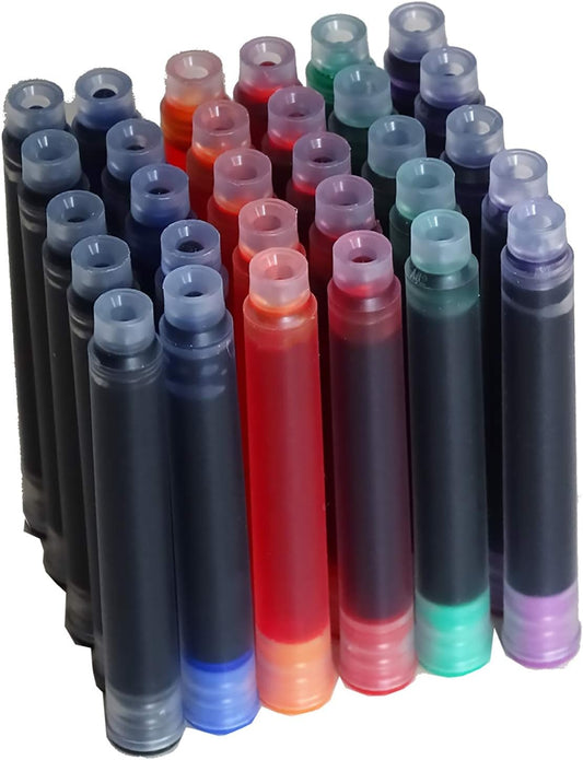 30 PCS Jinhao Fountain Pen Ink Cartridges Refill 6 Colors Set, Black, Blue, Apple Green, Purple, Red and Orange International Standard Size 2.6mm Bore Diameter