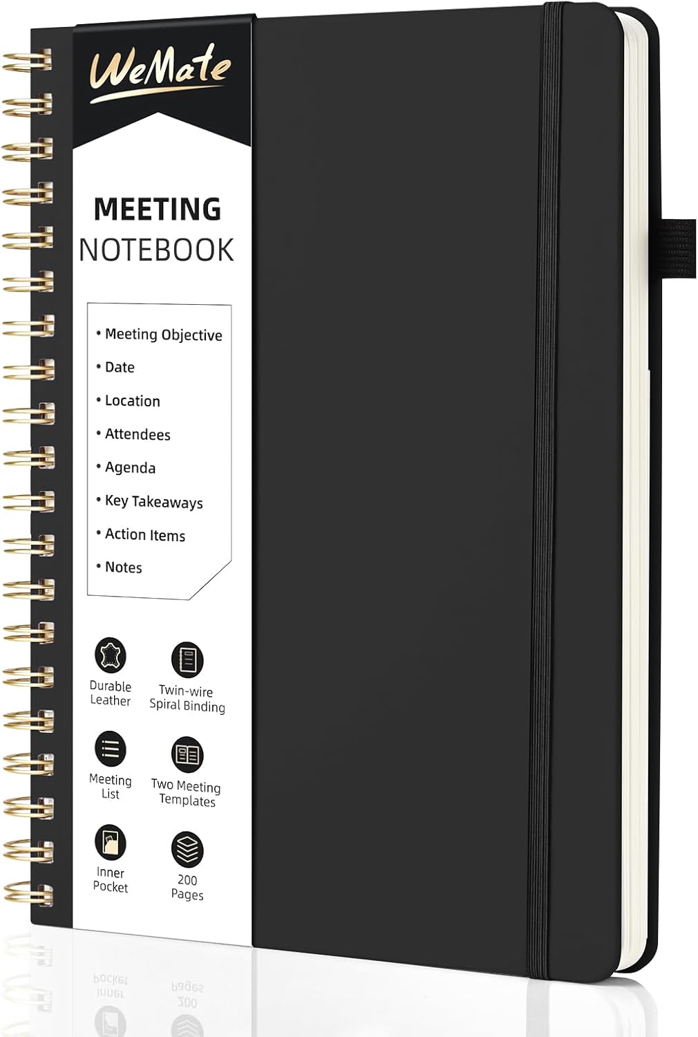 WEMATE Meeting Notebook for Work B5 (7"x10") - PU Leather Work Notebook with Agenda, Action Items & Notes - 200 Pages for Men&Women, Staff and Students, Meeting, Projects Planning - Black