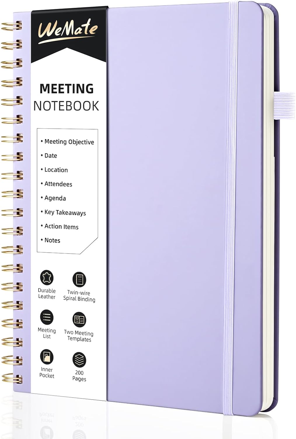WEMATE Meeting Notebook for Work B5 (7"x10") - PU Leather Work Notebook with Agenda, Action Items & Notes - 200 Pages for Men&Women, Staff and Students, Meeting, Projects Planning - Light Purple