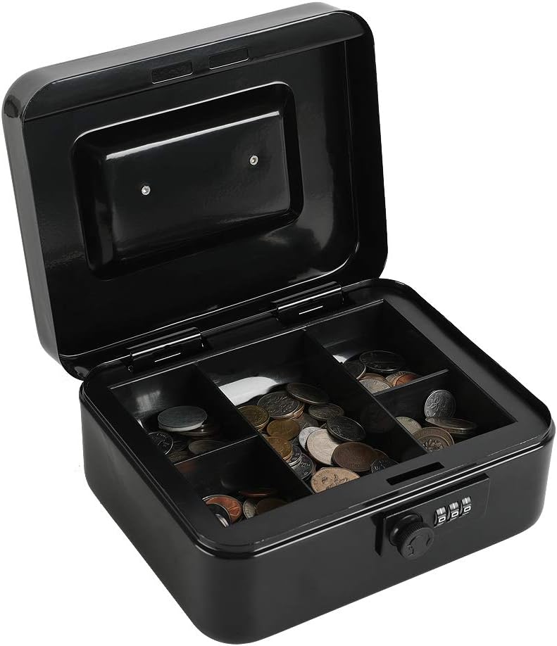 xydled Steel Cash Box Safe with Combination Lock,Money Safe Box with Removable Coin Tray,Medium,7.87"x 6.30"x 3.54",Black