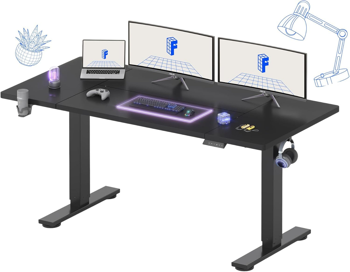 FLEXISPOT 63 x 32 Inch Large Standing Desk, Stand Up Desk with Splice Board, Rising Desks for Home Office, Office Desk with Cup Holder and Headphone Hook (Black Frame + Black Top, 2 Packages)