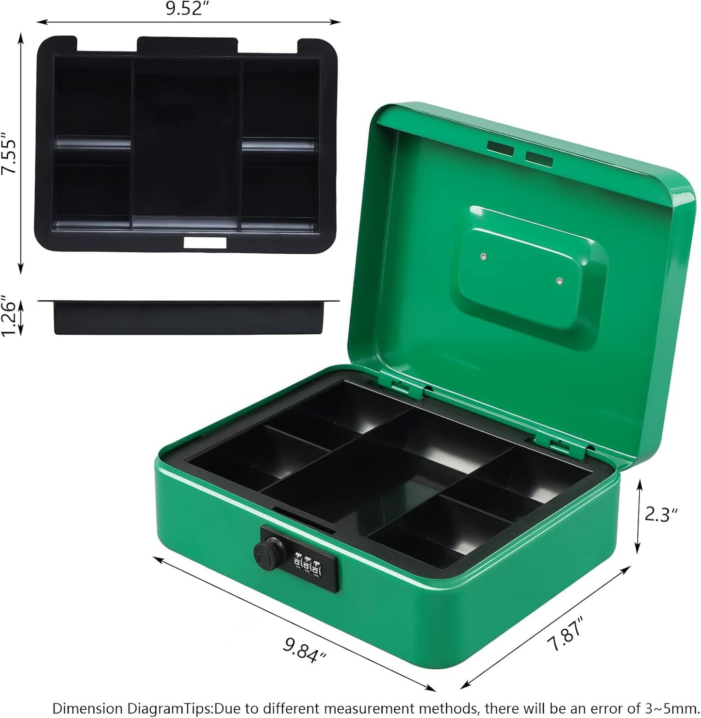 KYODOLED Large Cash Box with Combination Lock,Safe Metal Box for Money, Storage Lock Box with Money Tray,9.84"x 7.87"x 3.54" Green Large