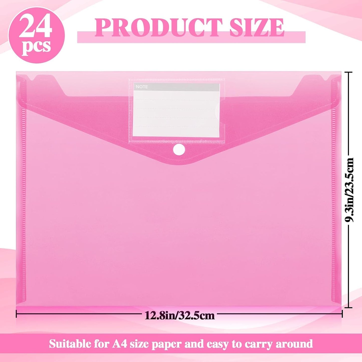 Lincia 24 Pcs Plastic Envelopes A4 Size Poly Envelopes File Folders Work Document Holder Office Paper Plastic File Organizer with Label Pocket Snap Button Home Bag for School (Rose Red)
