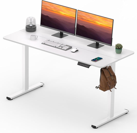 Adjustable Stand Up Desk with Memory Preset, Standing Desks 55 x 24 Inch Electric Home Office Desk Computer Workstation Splice, White Top + White Frame