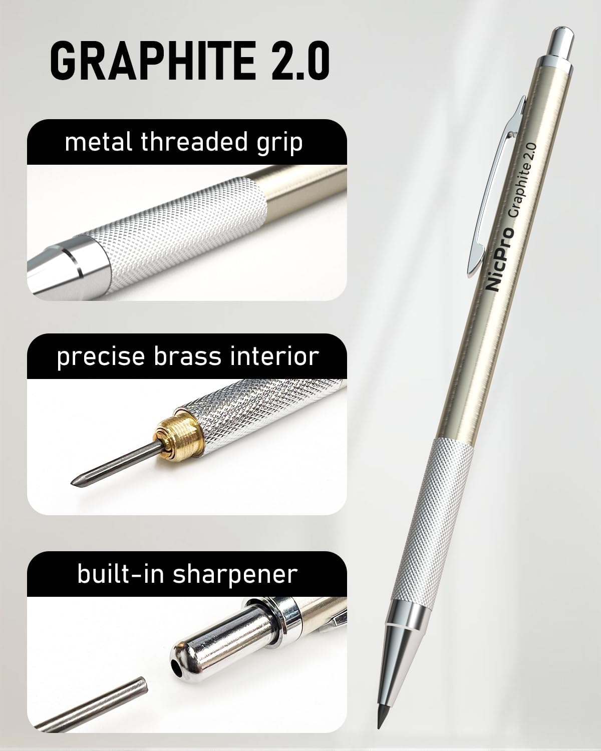 Nicpro 5 PCS Art Mechanical Pencils Set, Metal Drafting Pencil 0.3 & 0.5 & 0.7 & 0.9 & 2mm Graphite Lead Holder(4B 2B HB 2H Colored) for Sketching Drawing With Lead Refills Eraser Case