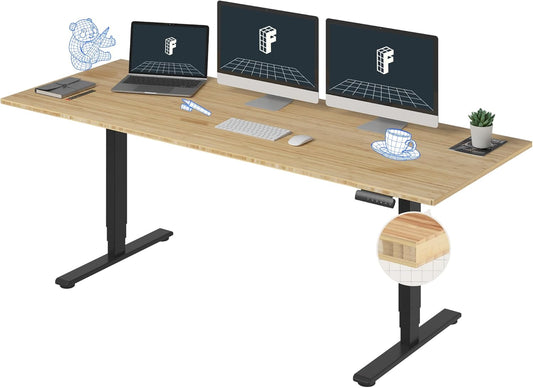 FLEXISPOT E6 Essential Bamboo 3 Stages Dual Motor 78x30 Inch Electric Height Adjustable Standing Whole-Piece Board Desk Sit Stand Up Desk (Black Frame + Bamboo Desktop)