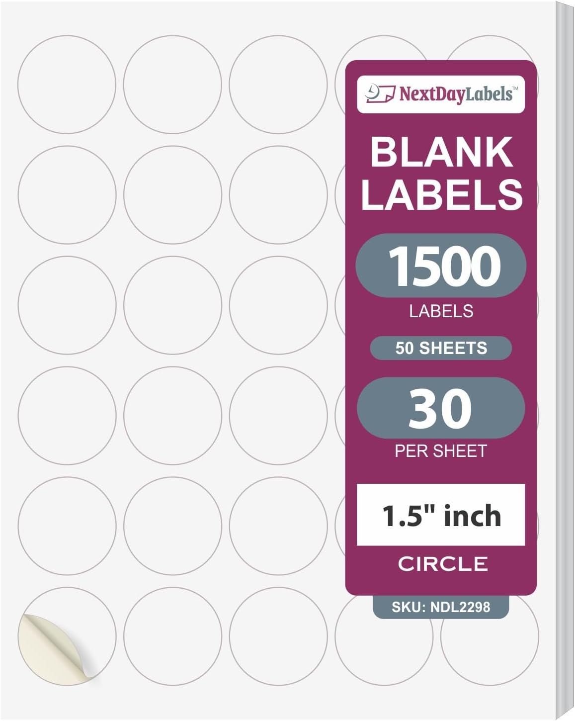 NextDayLabels – 1.5 Inch Round Sticker Labels for Printer - Matte White Blank Laser/Inkjet Printer Labels - Circle Stickers - Printable Labels (1500 Total)