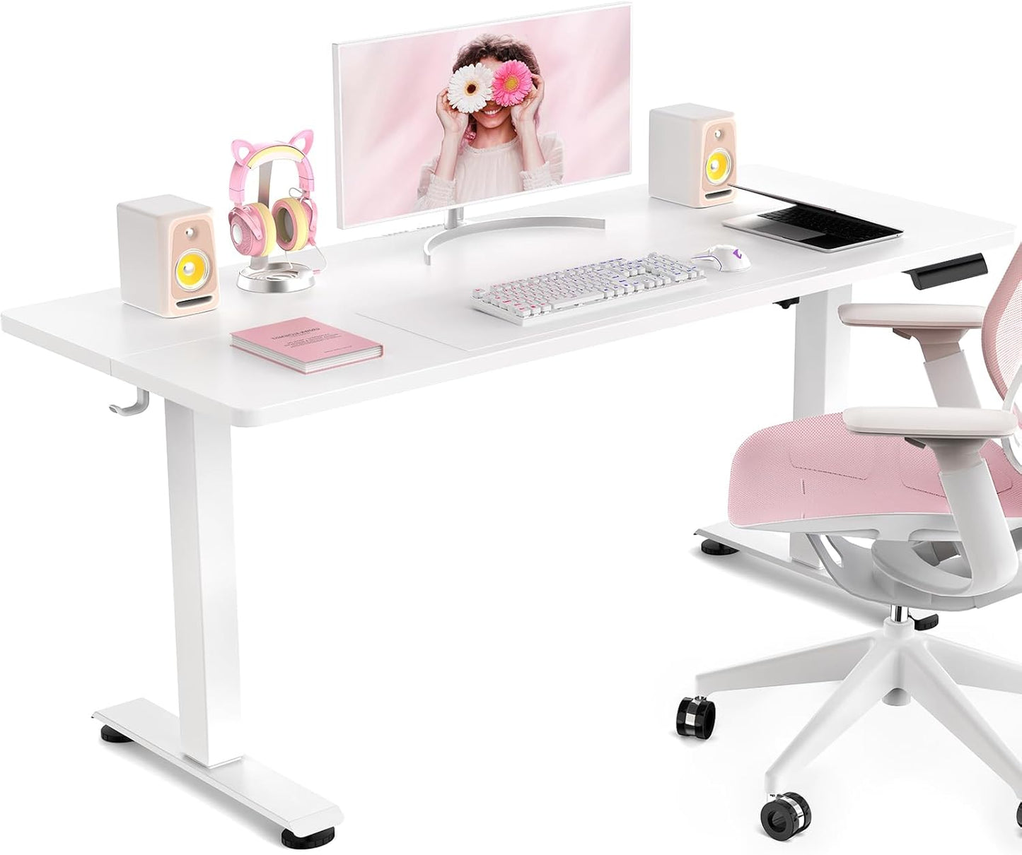 Veken 47.2 Inch Large Electric Standing Desk, Heights Adjustable, Sit to Stand Up, Work Home Office Computer Table for Study, Walking Pad, Writing, and Games, Wooden Desktop Desks, White