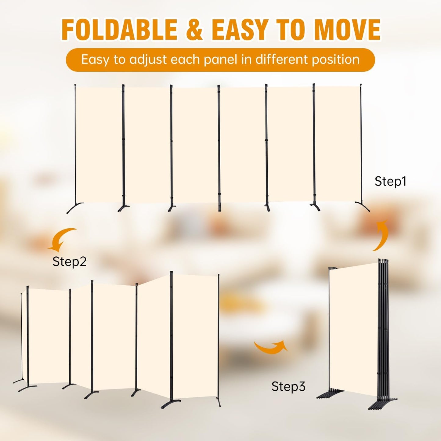 6 Panel Folding Privacy Screens, 6 FT Tall Wall Divider with Metal Frame, Freestanding Room Divider for Office Bedroom Study (6 Panel, Beige)