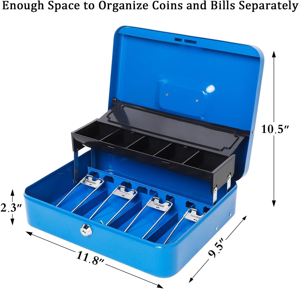 Jssmst Locking Metal Cash Box with Coin Lid, 11.8L x 9.5W x 3.5H Inches, Safe Money Box with Key Lock, Blue, SM-CB0513BL