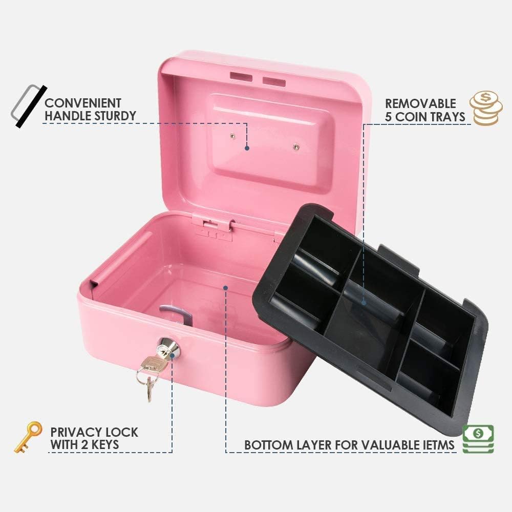 xydled Locking Steel Large Cash Box with Removable Coin Tray and Key Lock,9.84"x 7.87"x 3.54",Pink
