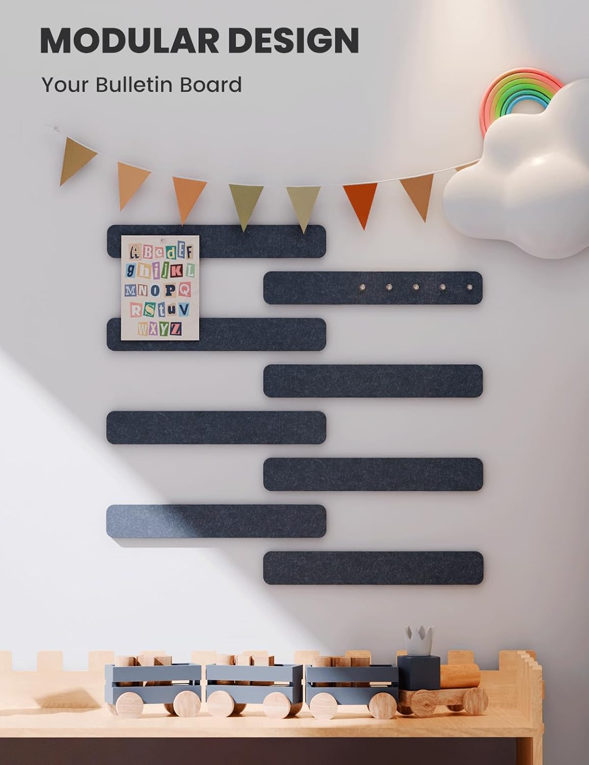 Cork Board Alternative Felt Strip Board 8-Pack 13"x2", Office Pin Board with 50 Push Pins, Adhesive Install for Bedroom Door & Home Office(Deep Charcoal Blue)