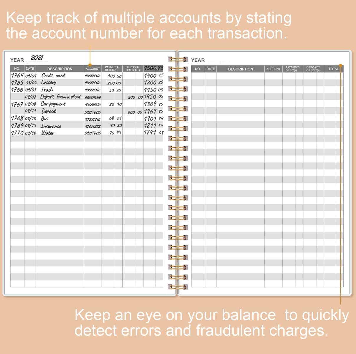 Accounting Ledger Book - A5 Ledger Book for Bookkeeping, Small Businesses & Personal Use, Expense Tracker Notebook for Tracking Money, Expenses, Deposits & Balance, 5.8" x 8.4", Rose Leaf
