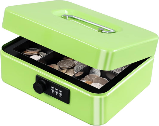 KYODOLED Cash Box with Combination Lock,Safe Metal Box for Money,Storage Lock Box with Money Tray,7.87"x 6.30"x 3.54" Limegreen Medium