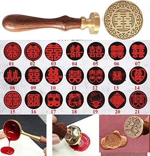 21 Styles Decorative Chinese Character Double Happiness Symble Heart Wax Seal Sealing Stamp Curlicue Wedding Invitations Christmas Gift Cards Embellishment Cutomize Seal Stamp Rosewood Handle Set