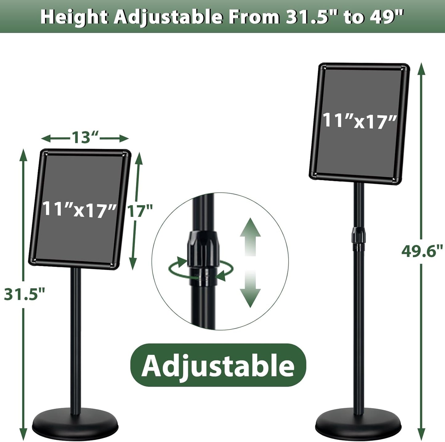 Poster Stand Holder Adjustable Pedestal Floor Standing Sign Holder Vertical and Horizontal View Sign Display, Aluminum Snap Open Frame with Safety Corner (2P-Black-11x17)
