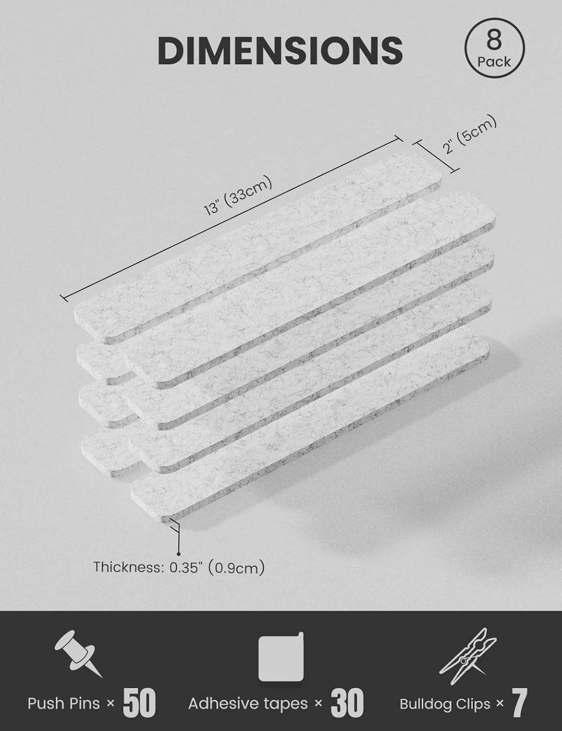 Cork Board Alternative Felt Strip Board 8-Pack 13"x2", Office Pin Board with 50 Push Pins, Adhesive Install for Bedroom Door & Home Office(Marble Gray)