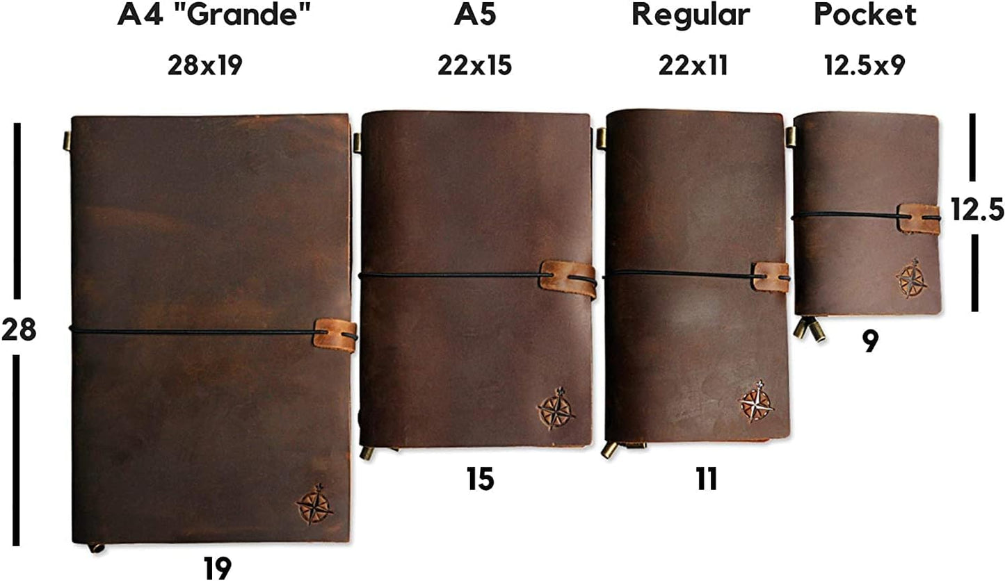 WANDERINGS Large Travelers Notebook - 7.5"x11" / 19cm x 28cm - The Grande Travel Journal. A Beautifully Handcrafted, Rugged and Refillable Leather Journal. Perfect for Writing, Artwork, Scrapbooking