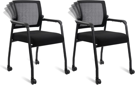 Waiting Room Chairs with Wheels, Adjustable Mesh Backrest, Desk Chair with Ergonomic Lumbar Support and Thickened Seats Cushion, 2 Pack Black
