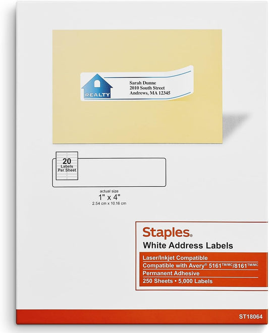 Staples® White Inkjet/Laser Address Labels 1" X 4", 5,000/Box