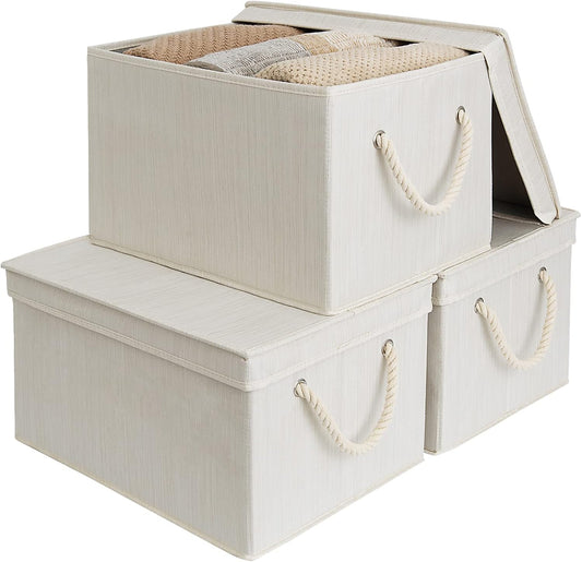 StorageWorks Storage Bins with Lids, Decorative Storage Boxes with Lid and Soft Rope Handles, Foldable Storage Baskets for Closet, Shelves, Stackable, Mixing of Beige, White & Ivory, Jumbo, 3-Pack