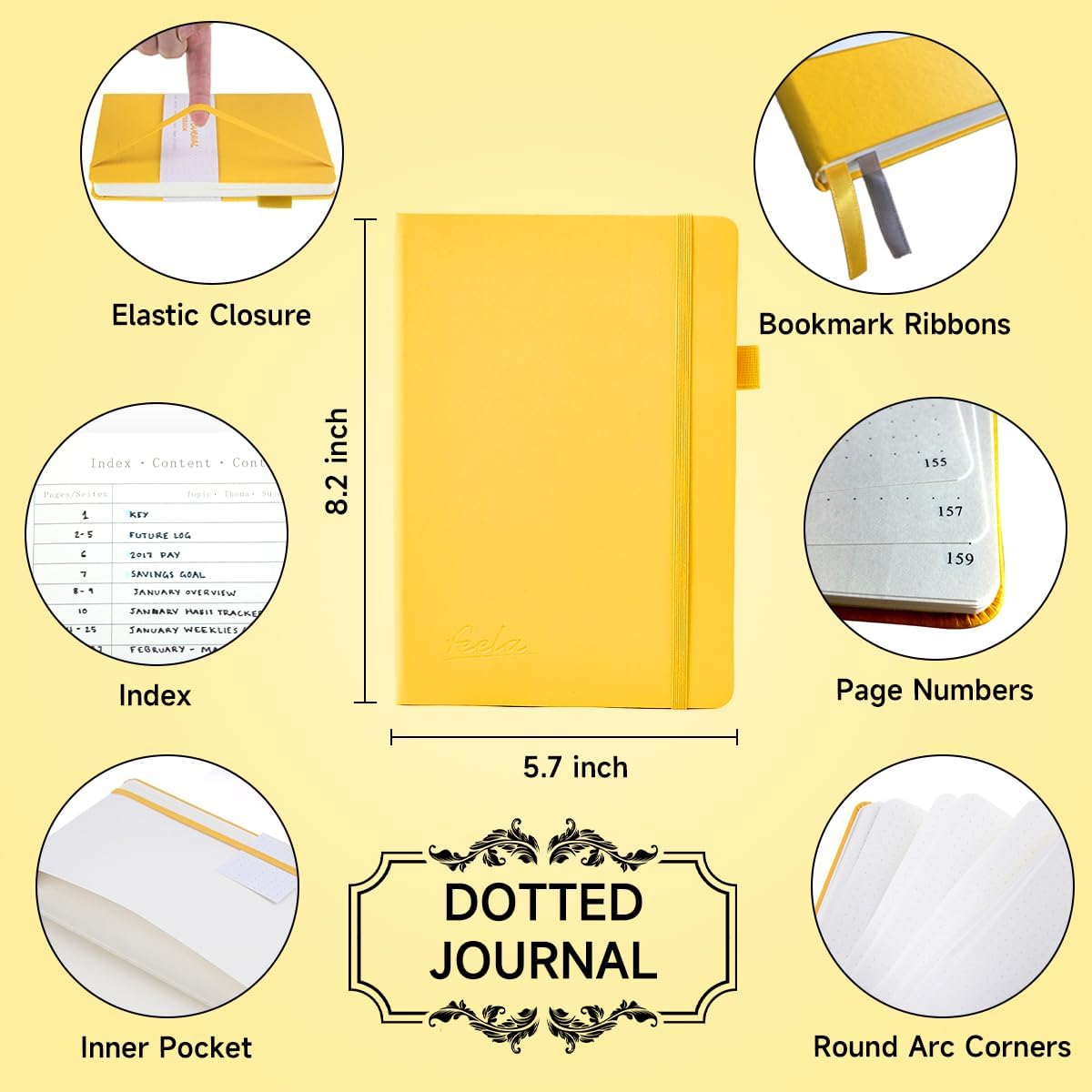 Dotted Journal Kit, Feela Dot Grid Journal Hardcover Planner Notebook Set For Beginners Women Girls Note Taking with Journaling Supplies Stencils Stickers Pens Accessories, A5, 224 Pages, Yellow