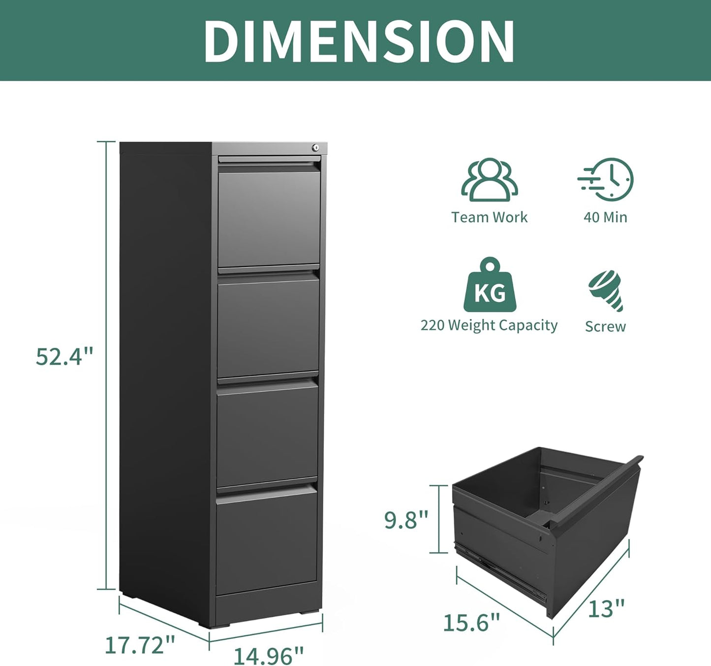 4 Drawer File Cabinet with Lock, Steel Vertical Filing Cabinets for Home Office, Metal Storage Cabinet for Hanging Legal/Letter Size Files, Assembly Required (Black)