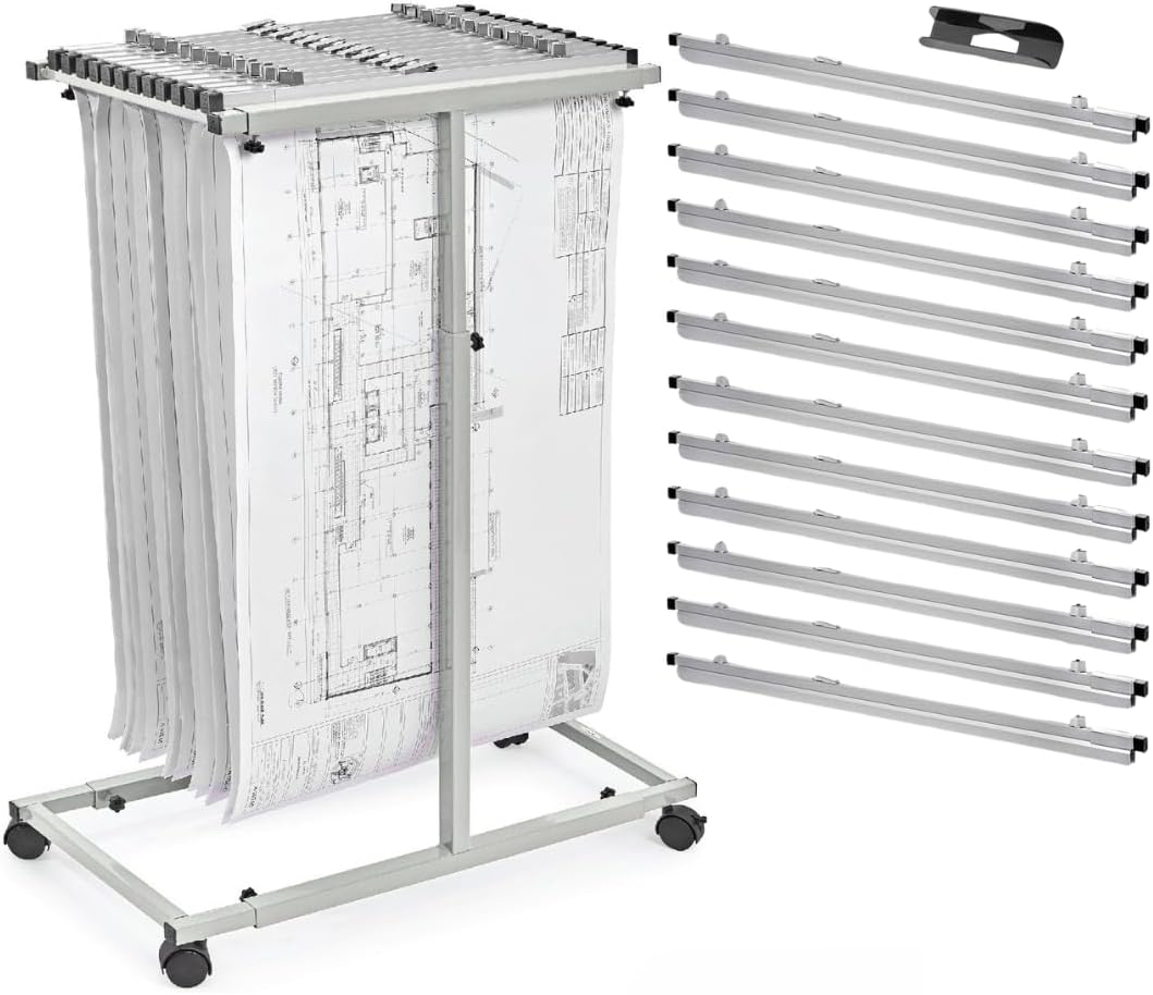 Adir Blueprint Rack and Clamps - 12 Pack of Blueprint Clamp and Mobile Blueprint Rack, Heavy-Duty Large Document Storage Solution for Blueprints, Posters, Maps, & Construction Plans