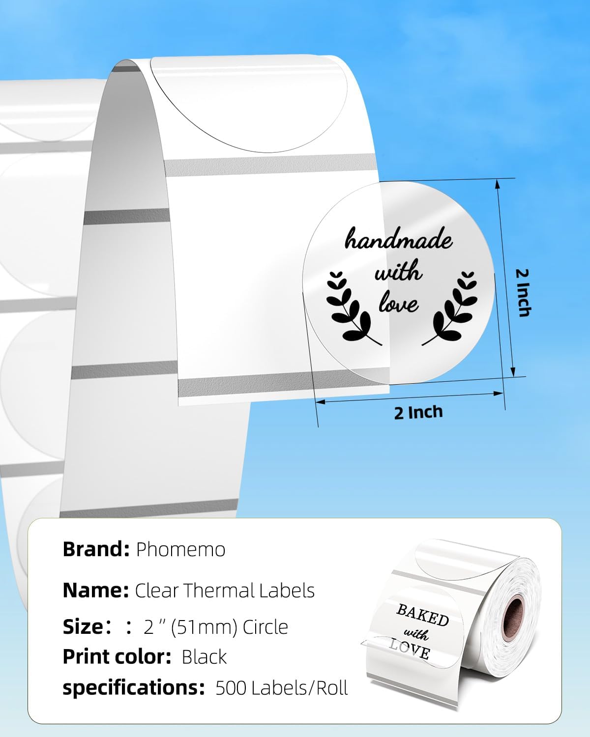 Phomemo 2 Inch Transparent Round Thermal Label, Multi-Purpose Clear Labels for D520BT 249WiFi Thermal Printer for, Self-Adhesive Circle Sticker Label for Personalized & Business Logo - 500pcs / Roll