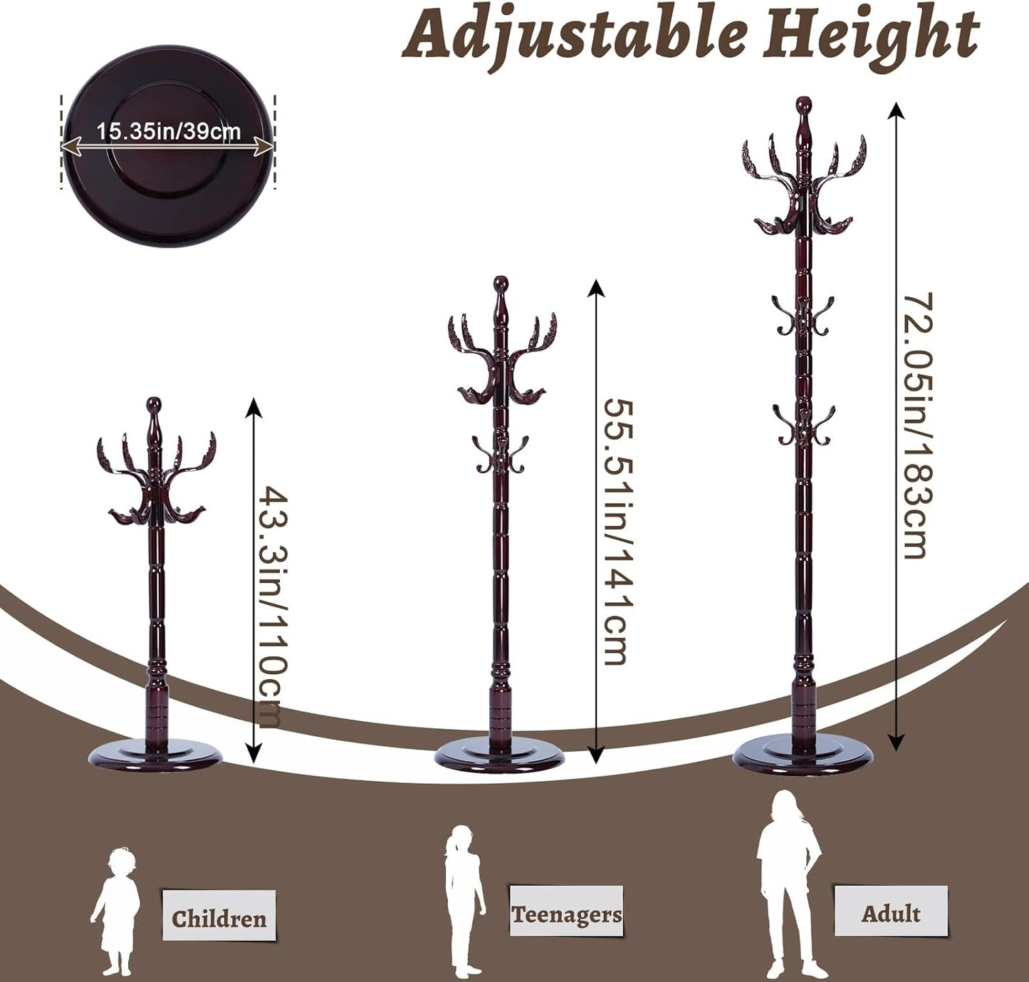 Wooden Coat Rack Freestanding with Resin Hooks, Adjustable Heavy Duty Stand for Hanging Coats, Bags, Hats, and Umbrellas in Living Room, Bedroom, Entryway (Rosewood-Phoenix Hook)