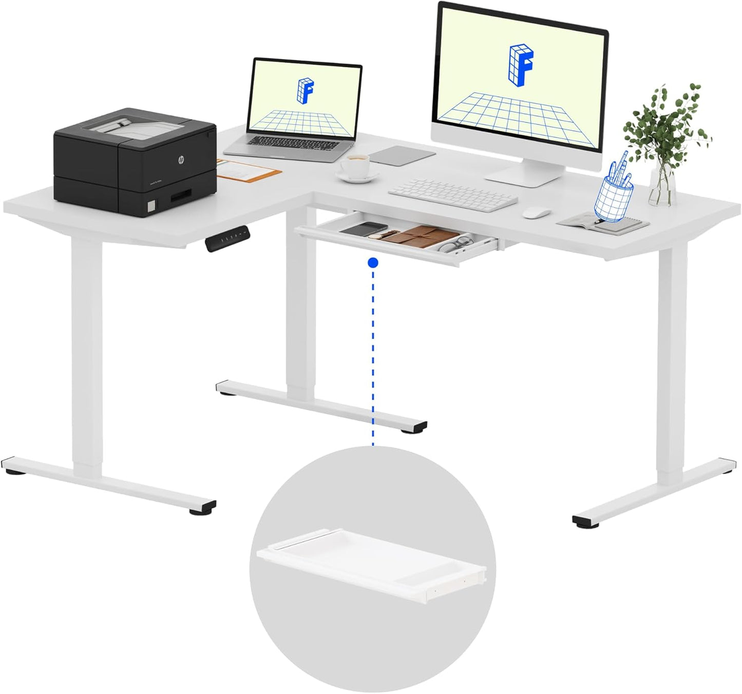 FLEXISPOT L Shaped Standing Desk, 63 x 47 Inch Electric Height Adjustable Corner Desk, Sit Stand Computer Workstation, Preset Controller, Home Office, White Frame with White Top, White Drawer