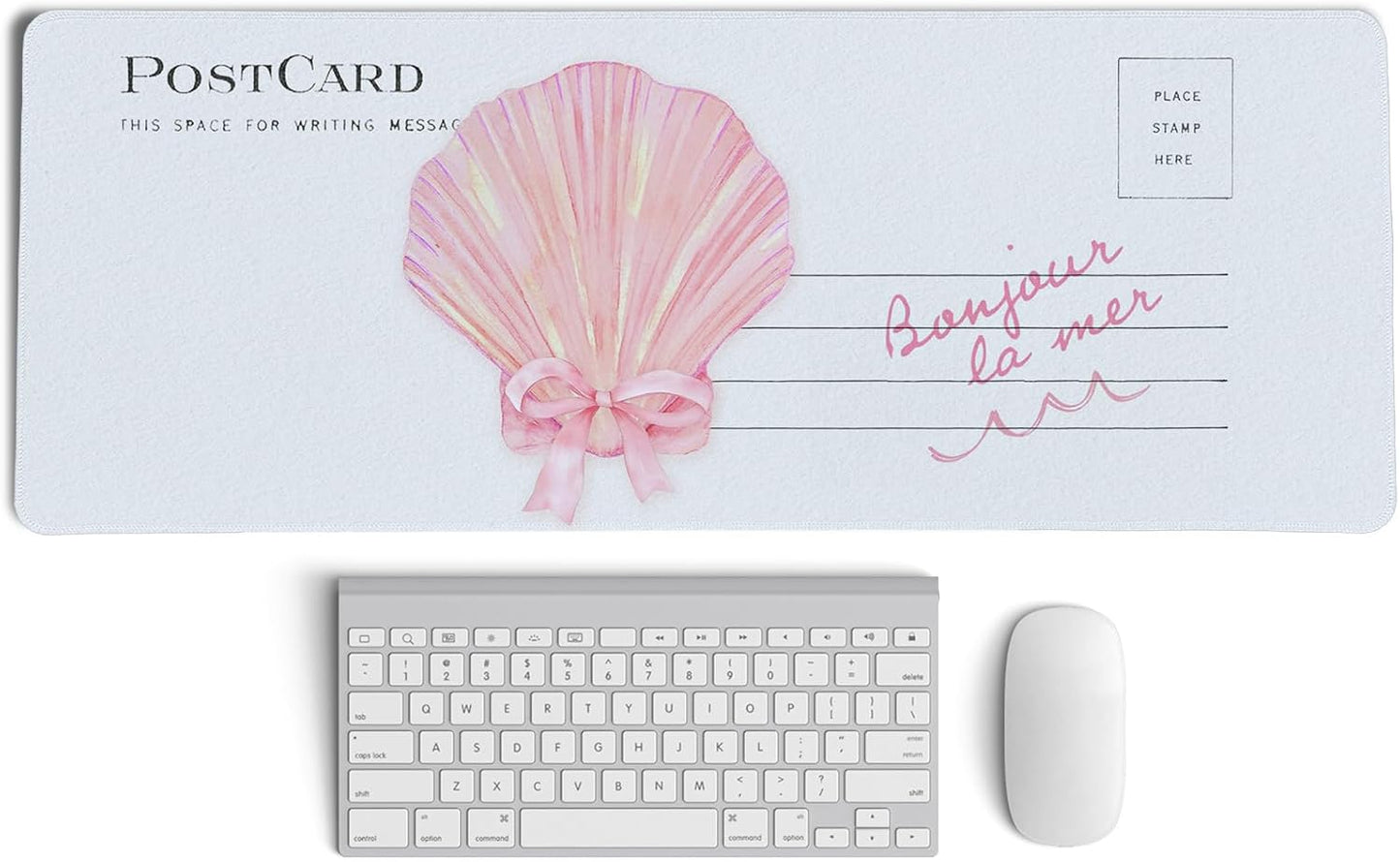 Pink Seashell Bow Mouse Pad,Ocean Themed Desk Mat,Pink XL Large Coastal Beachy Mouse Pad,Girly Summer Beachy Gaming Pads,Preppy Girly Desk Mat,Summer Beachy Desktop Decor Art,31.5x11.8 Inch