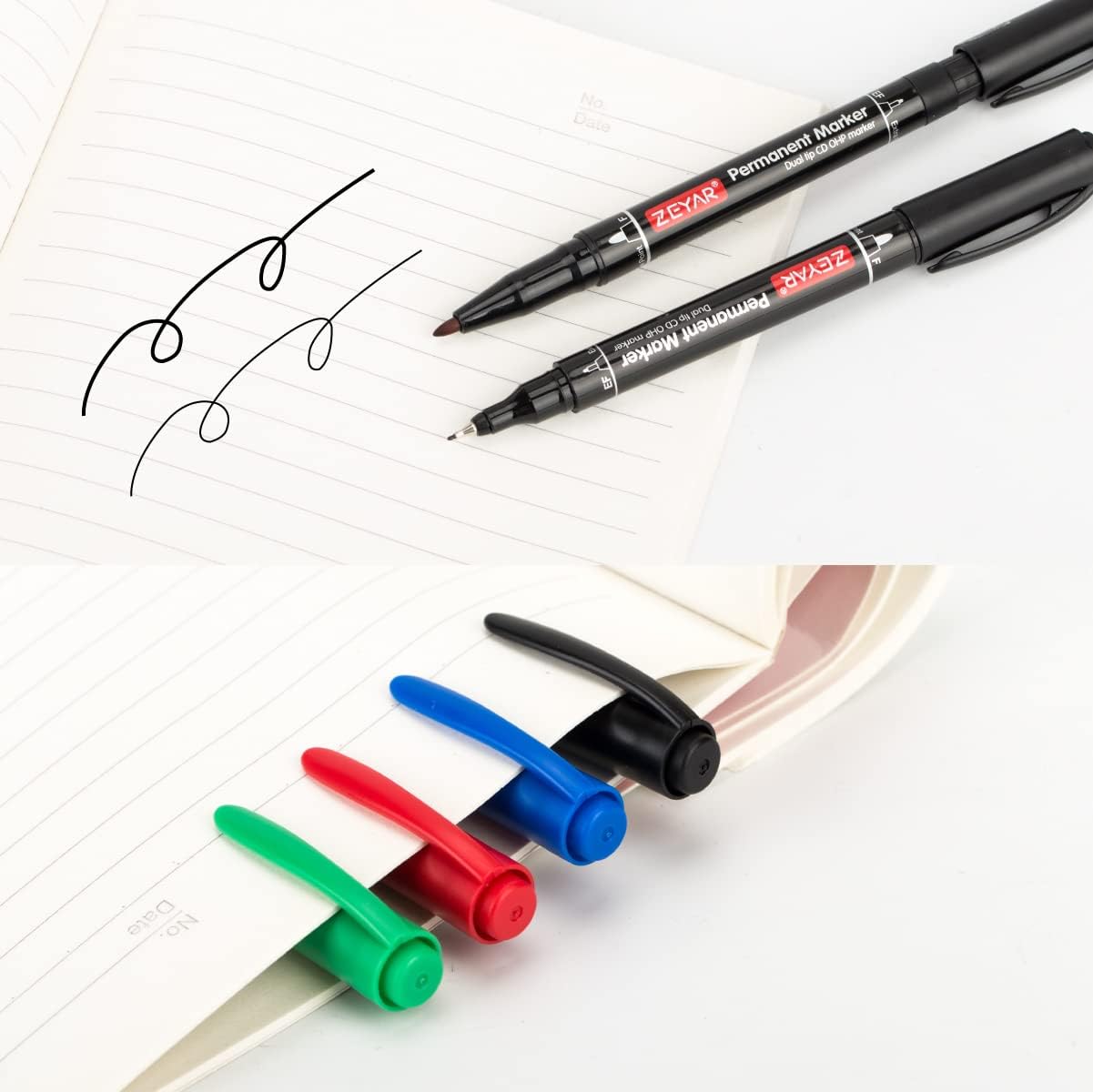 ZEYAR Twin Tip Permanent Markers, CD/DVD Markers, 4 Color, Ultra Fine Point and Fine Point for Signature and Marking (3 Black, 1 Red, 1 Green, 1 Blue)