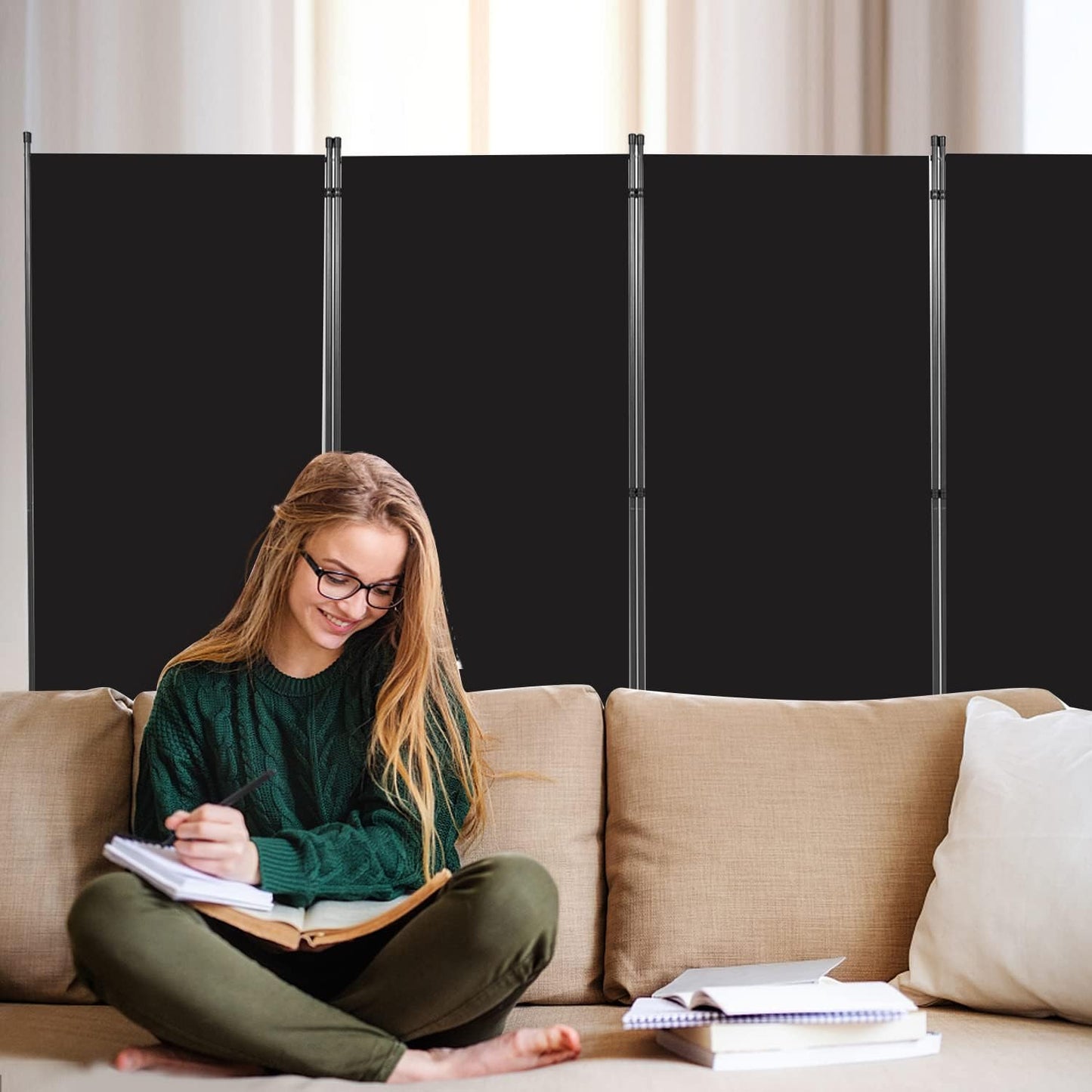 Room Divider 6FT Folding Privacy Screens, Partition Room Dividers w/Freestanding Design, Portable Wall Divider for Room Separtation, Fabric Screen Panel for Home Office Dorm (Black, 4 Panel-Round Pad)