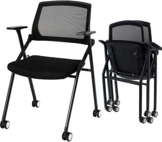 Folding Conference Room Chairs Set of 2 Black Guest Reception Chair for Office, Waiting Room, Meeting, Lobby, Church