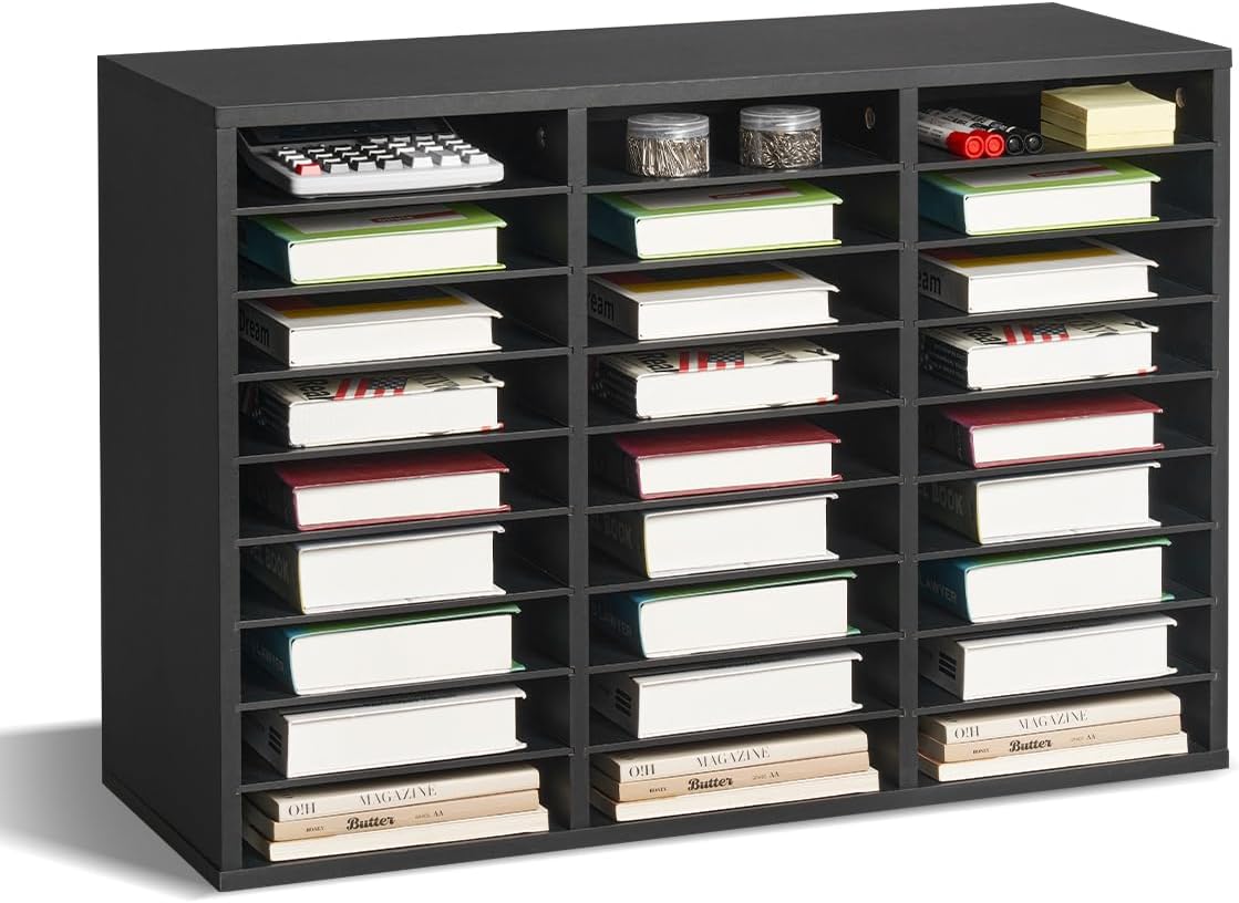 VEVOR Literature Organizer, 27 Compartments Office Mailbox with Removable Shelves, Wooden Mailbox Sorter Particle Board Office Home Classroom Storage, File Sorter for Files, Documents, Papers, Black
