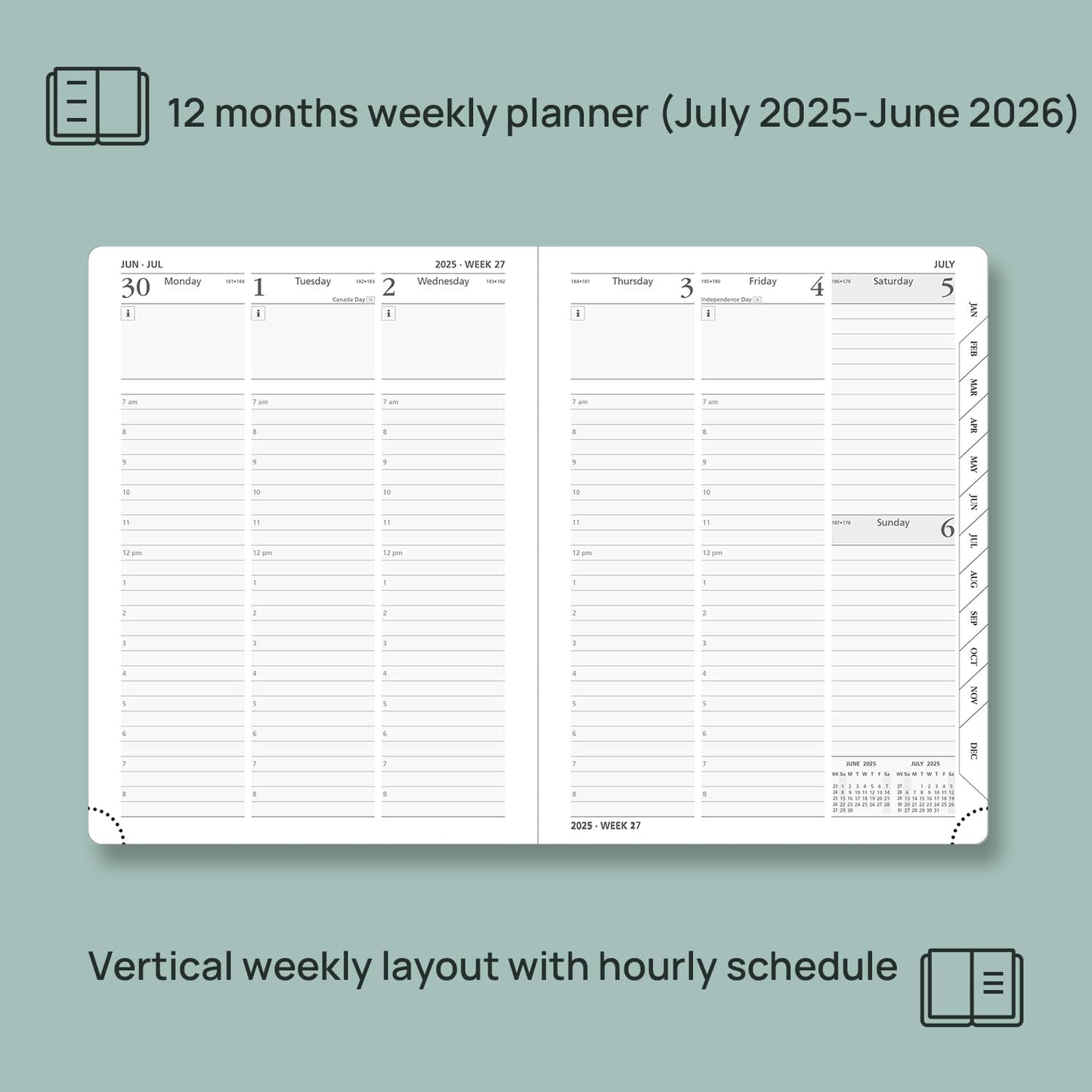 POPRUN Planner 2025-2026 (Medium - 6.5'' x 8.5'') Academic Weekly Calendar (July 2025 - June 2026) with Hourly Time Slots, Monthly Tabs, 100GSM Thick Papers, Leather Soft Cover - Green