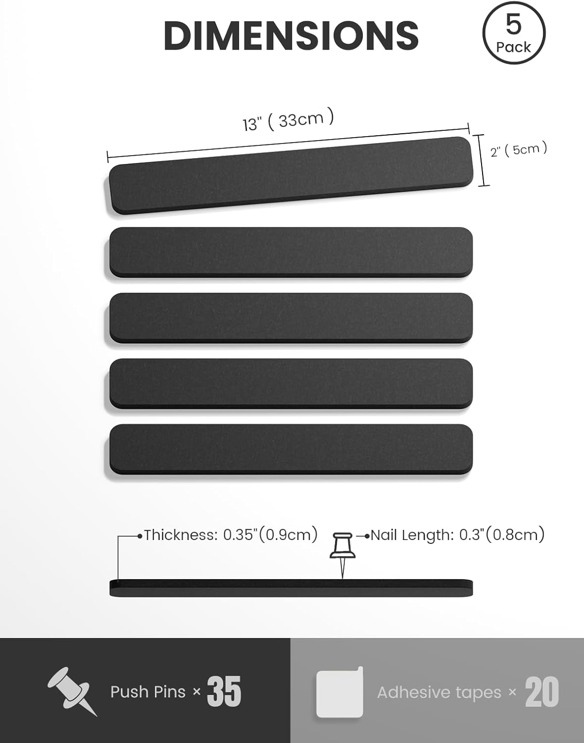 Cork Board Alternative Felt Strip Board 5-Pack 13"x2", Office Pin Board with 35 Push Pins, Adhesive Install for Bedroom Door & Home Office(Black)