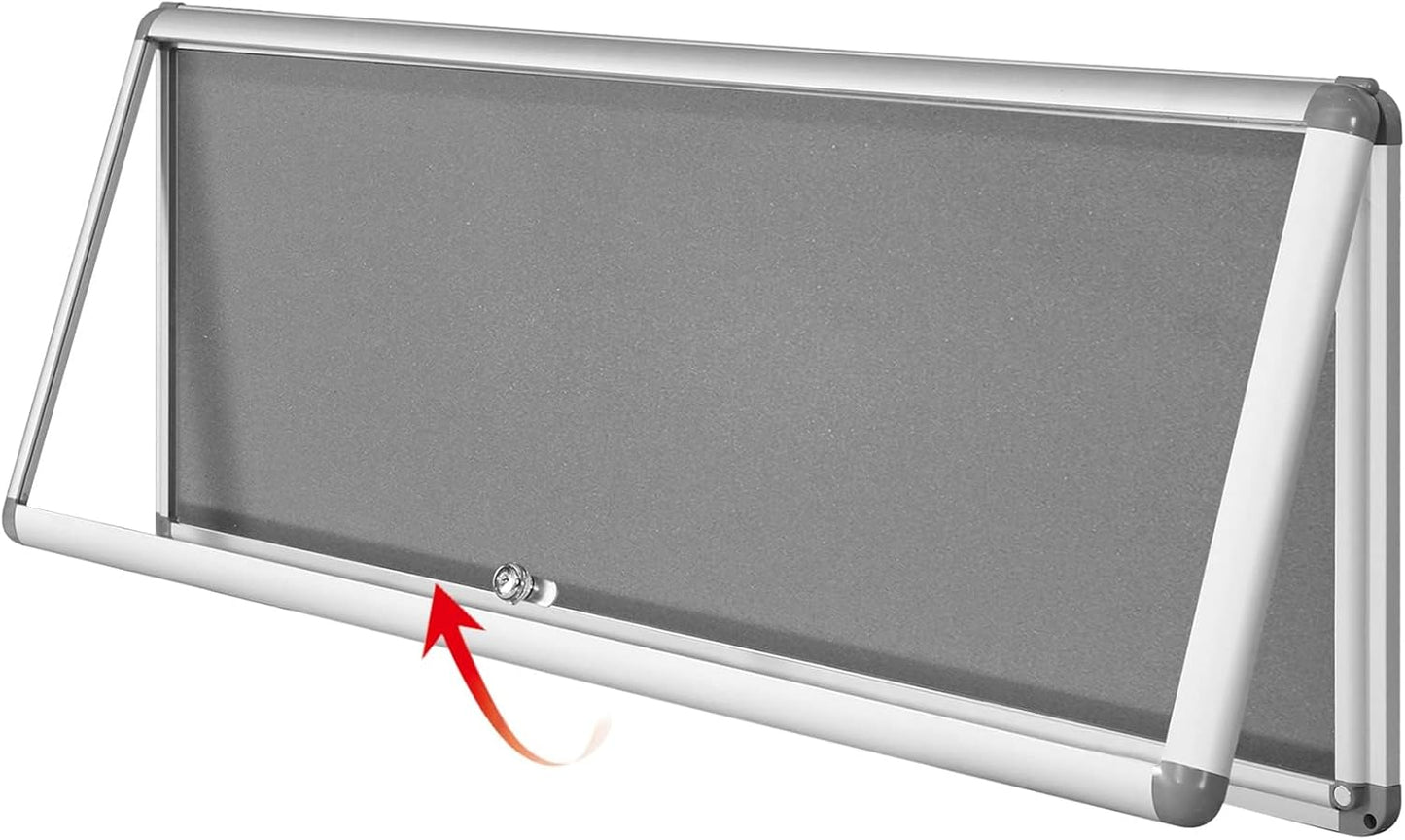 SWANCROWN Enclosed Noticeboard Grey Frabric Bulletin Boards Lockable Display Case Tamperproof with Keys Pins,38x14inch