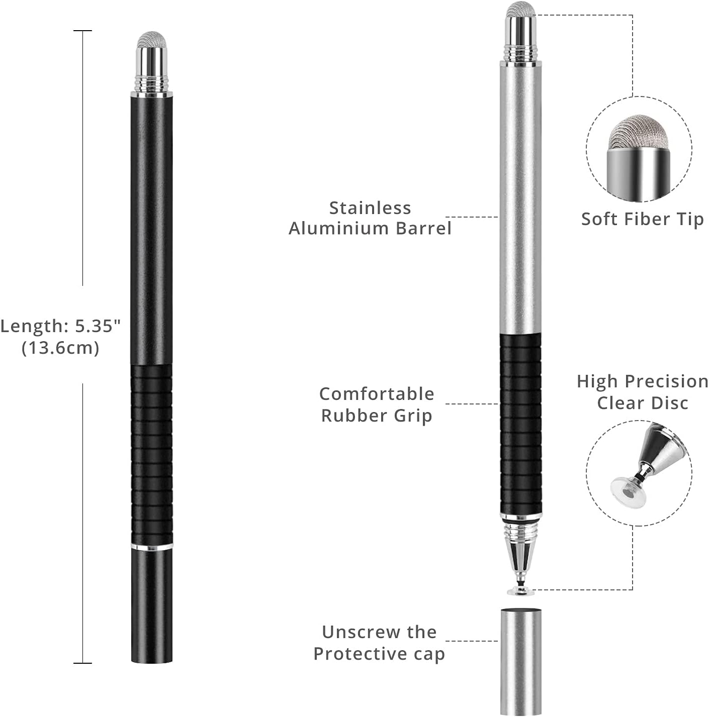 Capacitive Stylus Pen (4 Pack), Universal Stylist Pens 2 in 1 Precision Series Fine Point Disc Touch Screen for iPhone/iPad/Android/Tablet and All Screens