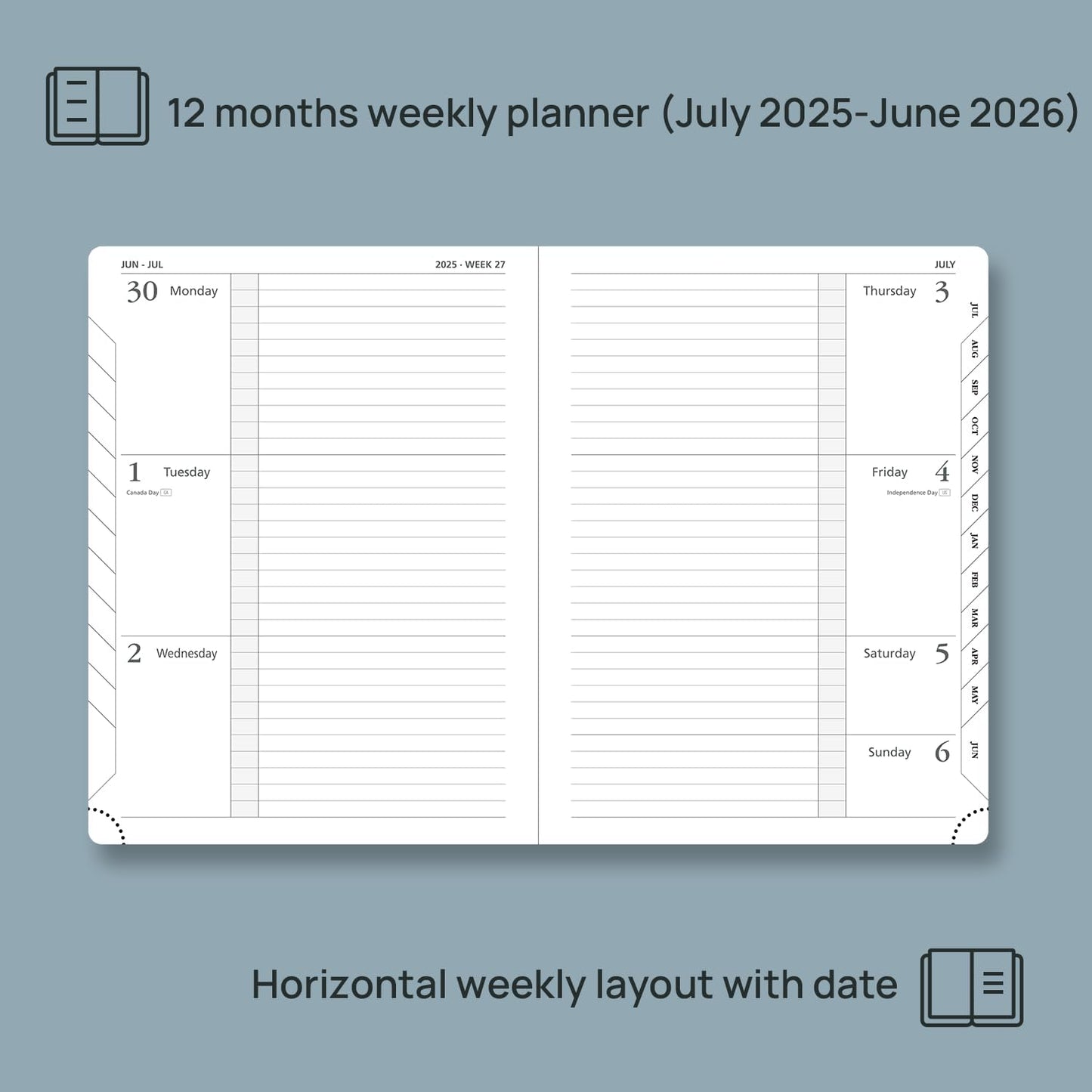POPRUN Planner 2025-2026 (Medium 6.75''x 8.75''), Horizontal Weekly Notebook Jul.2025 - Jun.2026, Academic Appointment Book with Monthly Tabs, Leather Hardcover, Inner Pocket, 100 GSM - Black