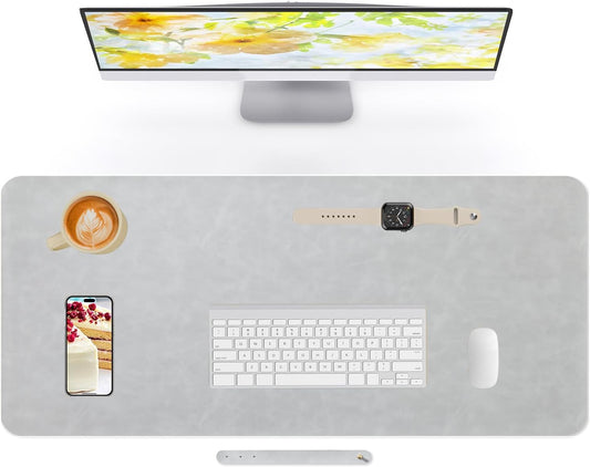 Crazy Horse Leather Desk Mat Large Mouse Pad Laptop Desk Pad Waterproof Non-Slip Table Blotter Desktop Writing Pad for Office and Home (Light Grey, 120x43cm)