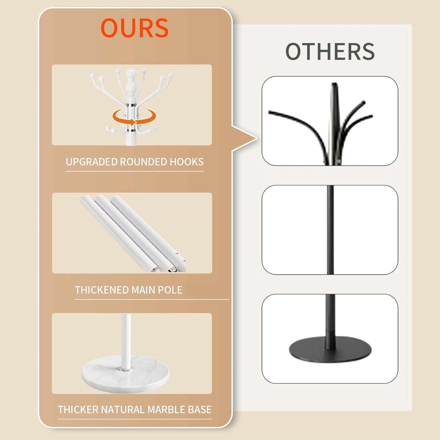 Modern Coat Rack with Natural Marble Base, Metal Freestanding Coat Racks with 16 Hooks, Heavy Duty Coat Rack Stand, Standing Coat Hall Tree Hanger Holder Stand for Entryway,Office