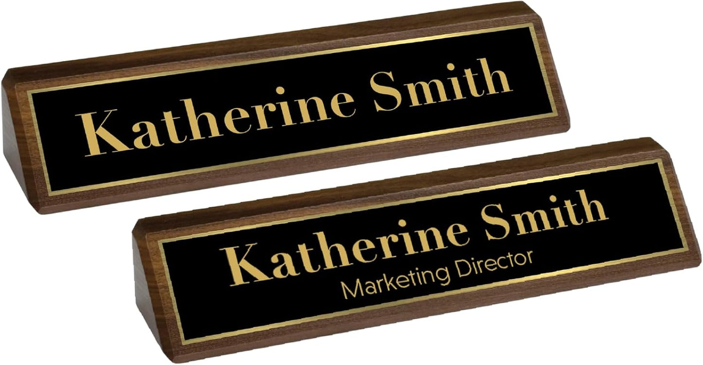 Custom Desk Wedge Name Plate - Personalized Titles and Styles (2x10 Inch, Solid Walnut w/Name Plate)