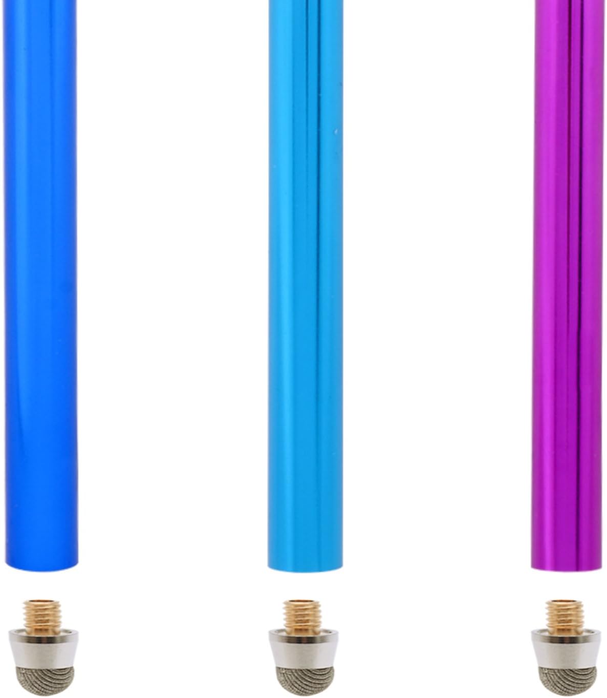 The Friendly Swede Extra Long Stylus Pen for Touchscreen — Set of 3 Micro-Knit 7.3" Capacitive Stylus Pens; 3 Replaceable Fiber Tips, 3 Elastic Lanyards & Cleaning Cloth - Purple/Dark Blue/Light Blue