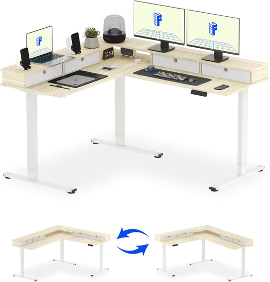FLEXISPOT 63" L Shaped Standing Desk with Shelf Electric Corner Table, Drawers, Adjustable Computer Workstation for Home, Office,USB Charging Port, 63x55in, Light Maple Top + White Frame