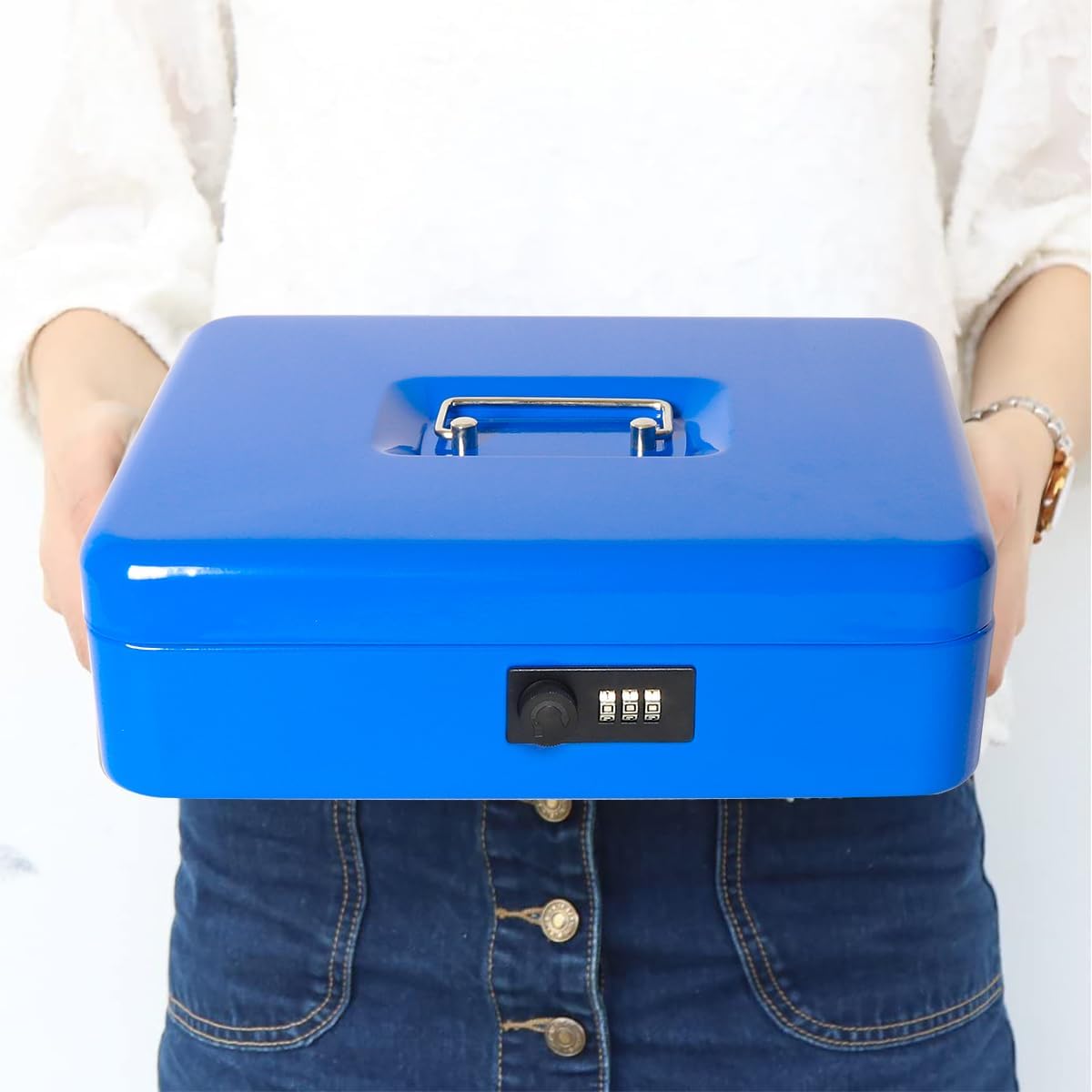 Jssmst Locking Metal Cash Box with Coin Lid, 11.8L x 9.5W x 3.5H Inches, Safe Money Box with Combination Lock, Blue, SM-CB0514BL